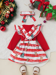 Girls Christmas Cute fashion Cartoon Striped Ruffled Cross Strap Skirt with Printed One-piece Triangle Clothes and Headscarf 3-piece Set