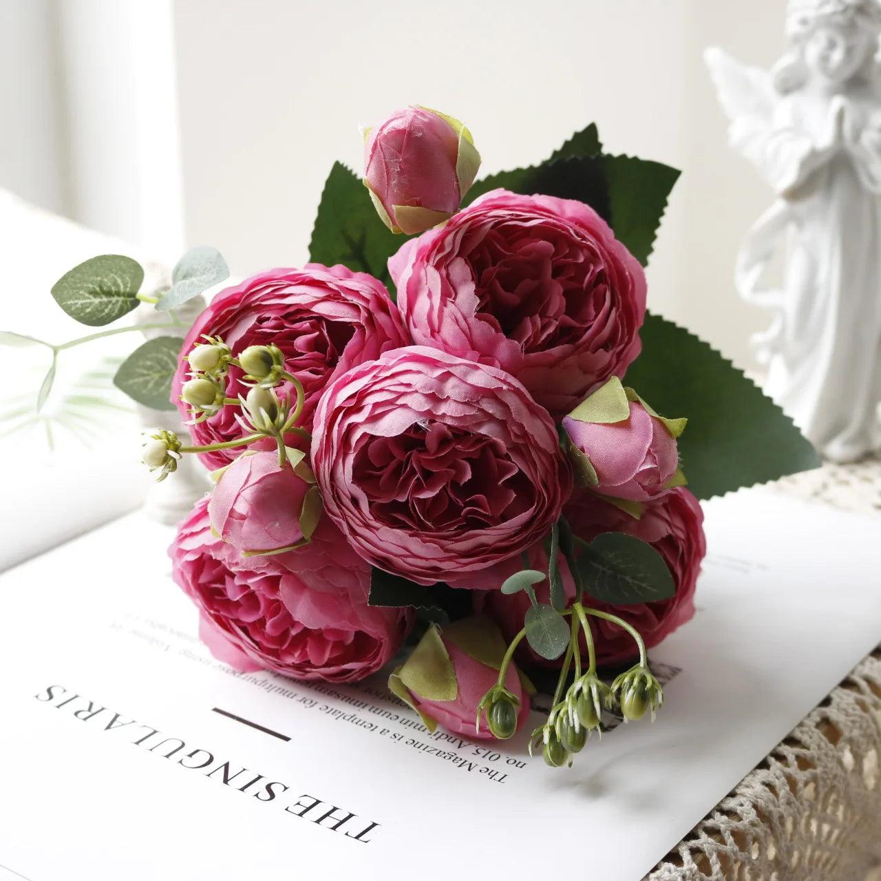 Hot Selling 1pcs/30cm Rose Pink Silk Bouquet Peony Artificial Flower 5 Big Head 4 Small Bud Bride Wedding Home Decoration Artifi - NTKSTORE