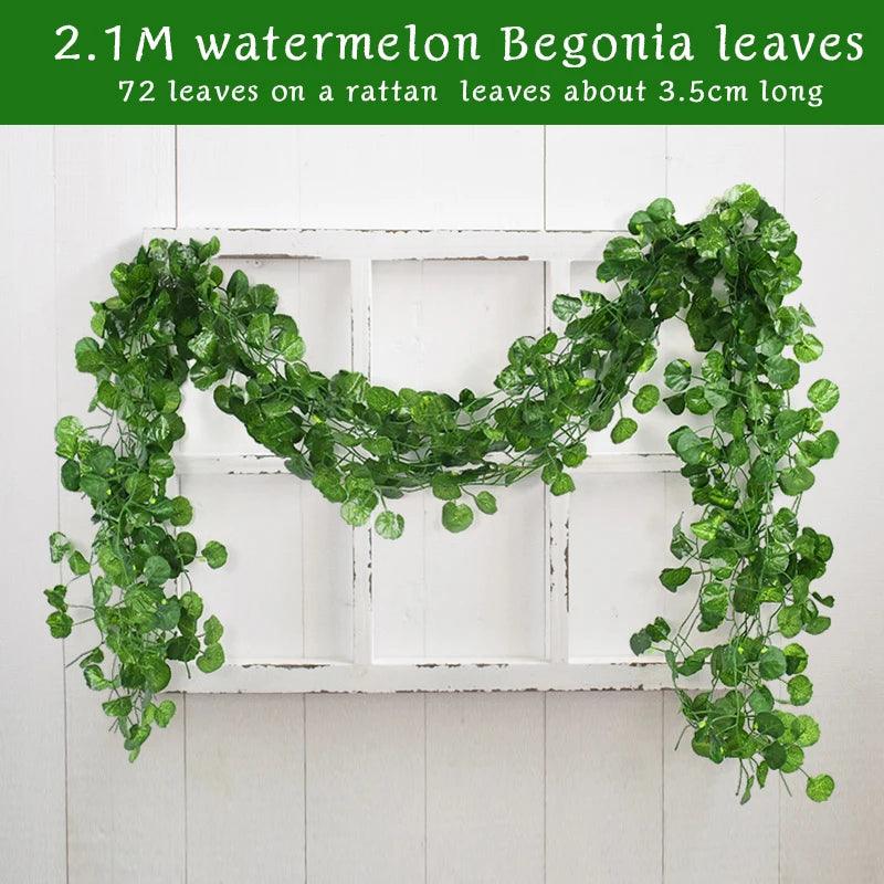 2.1M Artificial Plant Green Ivy Leaf Garland Silk Wall Hanging Vine Home Garden Decoration Wedding Party DIY Fake Wreath Leaves - NTKSTORE