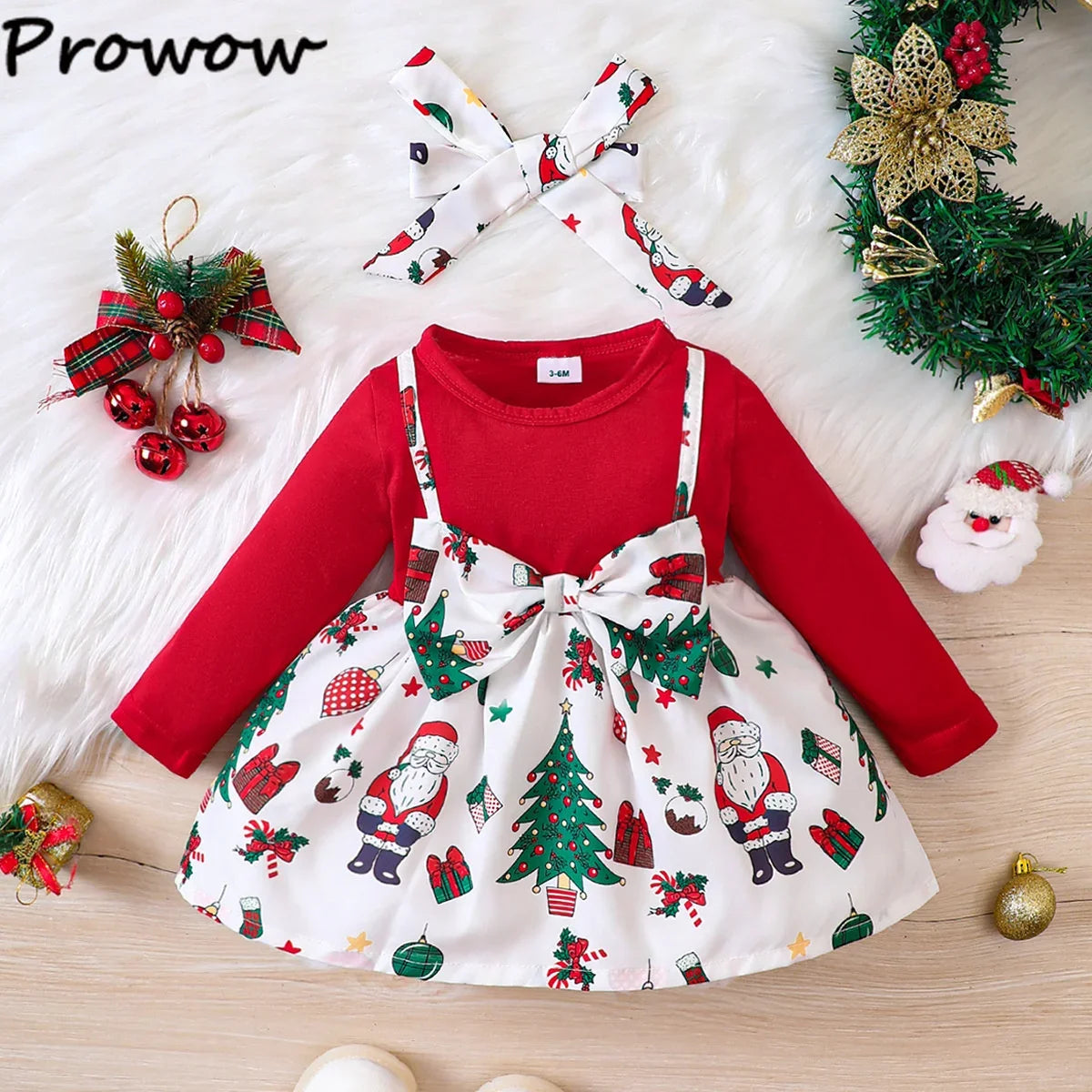 Prowow 2025 New Year Baby Dresses Patchwork Santa Claus Print Red Christmas Dresses For Girls Newborn Baby Christmas Costume - NTKSTORE