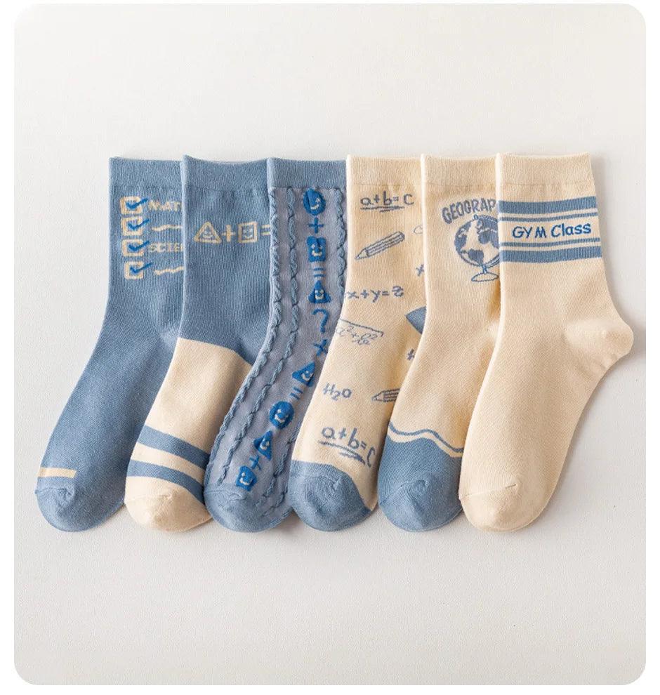 5 Pairs of Women's Spring Four-season Cute SStriped Letters Youthful Beautiful Fashionable and Comfortable Mid-calf Socks - NTKSTORE