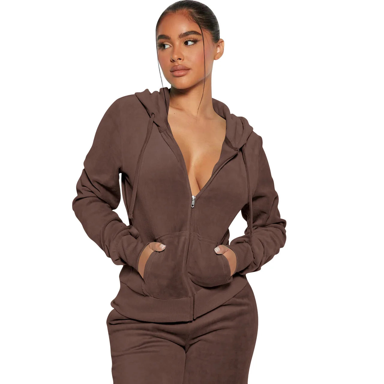 Womens Warm 2 Piece Outfits Velour Tracksuits Full Zip Hoodie And Drawstring Sweatpants Sweatsuits Sets Velvet Jogging Suit - NTKSTORE