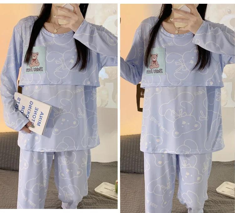 New Monthly Clothing 2-Piece Spring And Autumn Maternity Pajamas Summer Breastfeeding Suit Breastfeeding Pajamas Homewear - NTKSTORE