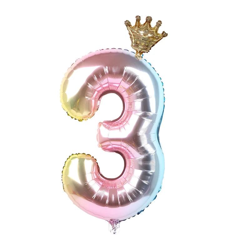 2pcs 32inch Rainbow Number Foil Balloons with Crown for Kids Boy Girl 1st Birthday Party Decorations Rose Gold Figures Globos - NTKSTORE