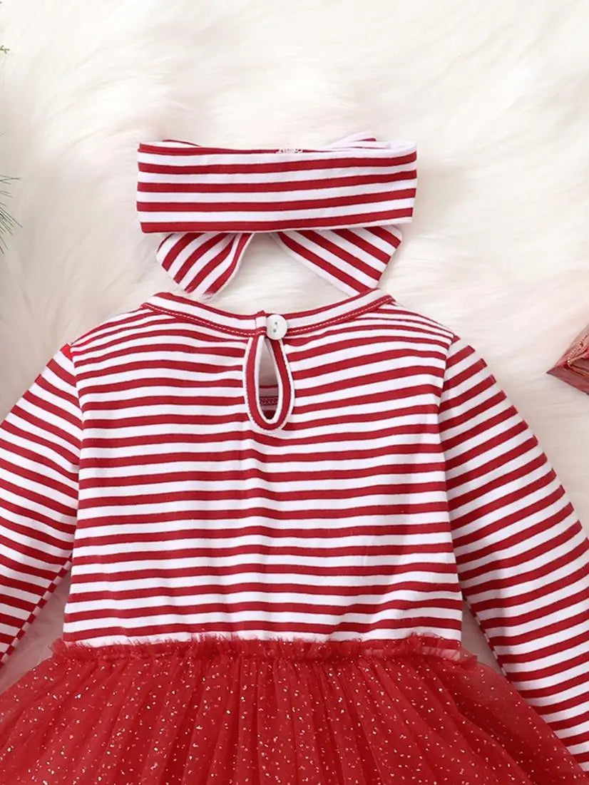 Baby Girl Autumn/winter Red Striped Christmas Deer Mesh Long Sleeved Dress - NTKSTORE