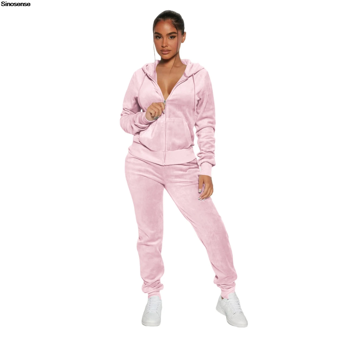 Womens Warm 2 Piece Outfits Velour Tracksuits Full Zip Hoodie And Drawstring Sweatpants Sweatsuits Sets Velvet Jogging Suit - NTKSTORE