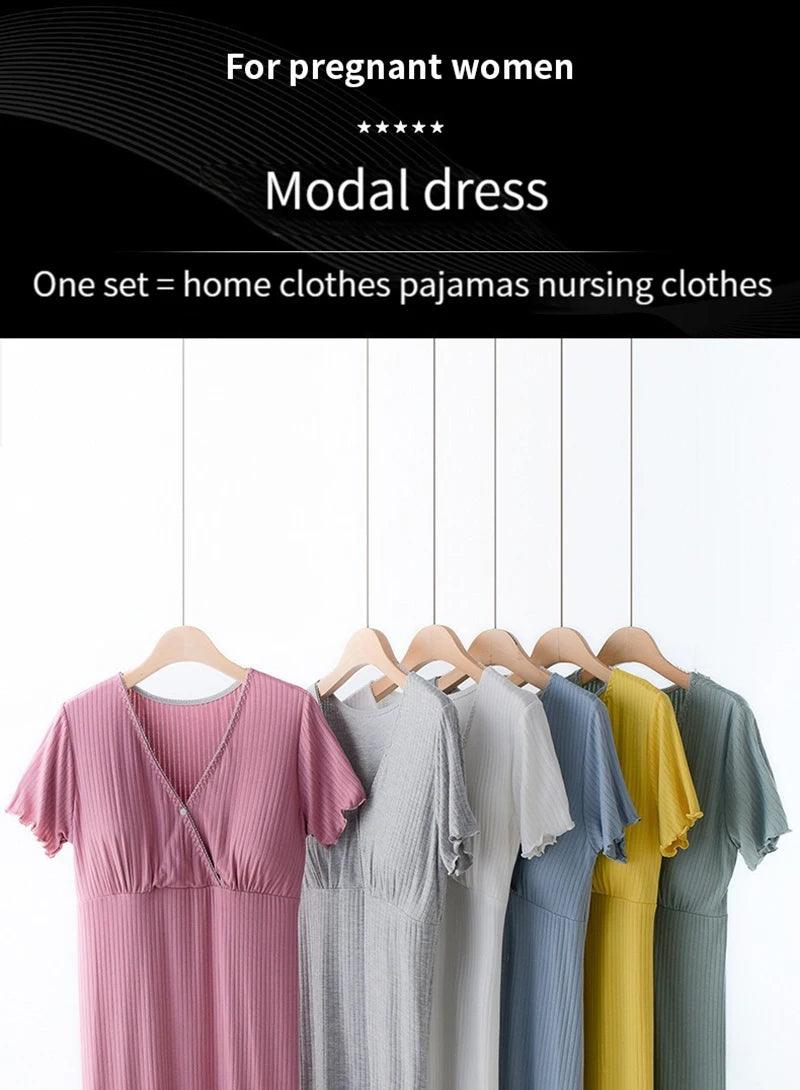 Modal Maternity Clothes Breastfeeding Nightgowns Nursing Sleepwear Hospital Loose Fitting Breast Feeding Pajamas Pregnancy Dress - NTKSTORE