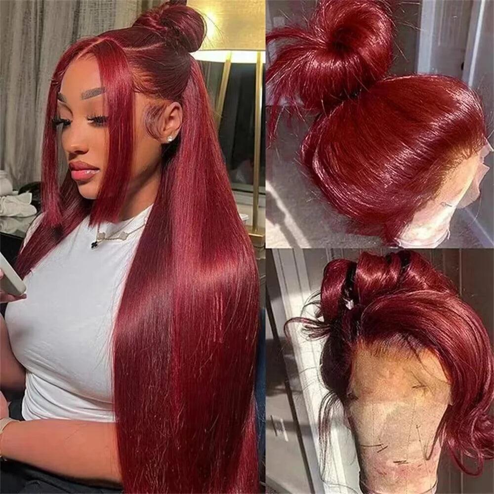 Burgundy 13x6 HD Lace Frontal Human Hair Wig Straight Red 13x4 Lace Front Human Hair Wigs For Women 99J Colored 200 High Density - NTKSTORE