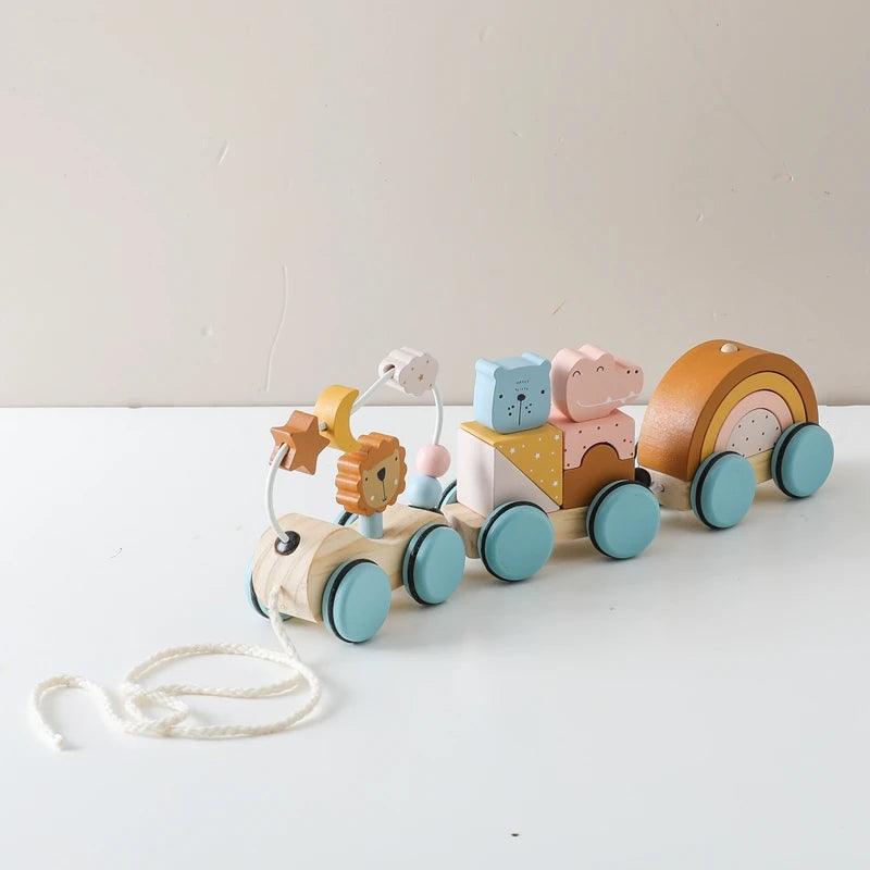 Baby Wooden Trailer Car Toys Rainbow Stacking Balance Blocks Animal Traction Car Star Moon Slider Beads For Kids Montessori Toys - NTKSTORE