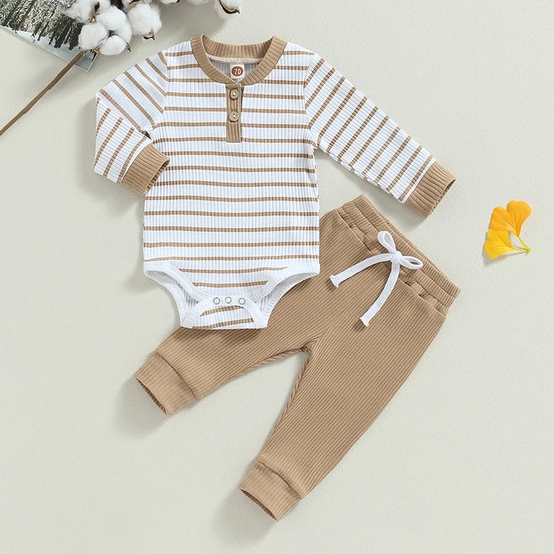 Casual Baby Boy 2Pcs Fall Outfits Long Sleeve Knitted Striped Print Romper Pants Set Infant Warm Clothes Baby's Sets