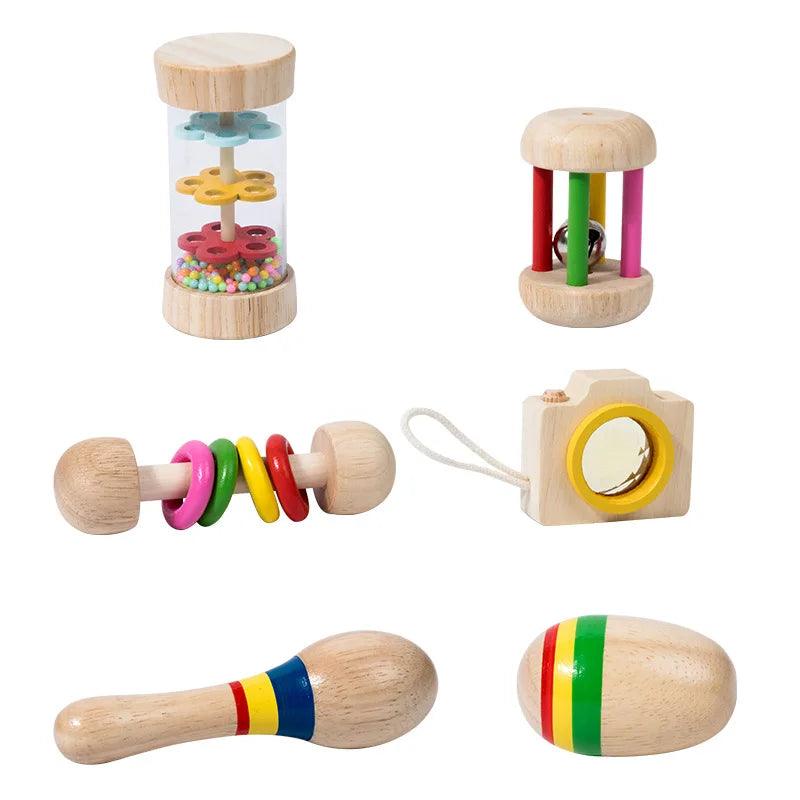 6pcs/set Wooden Musical Instruments Toys, Small Rattle, Sand Hammer, Sand Ball, Shake Bell Kaleidoscope, Griping Practice Toys - NTKSTORE