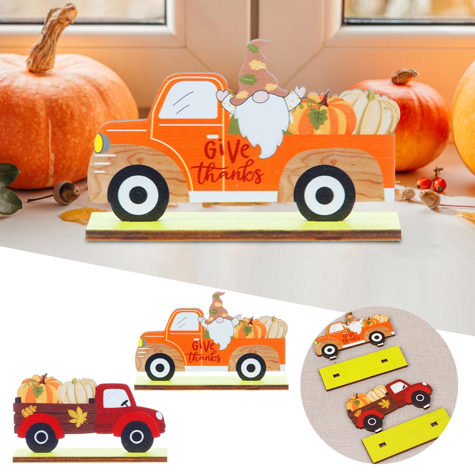 1pc Car Shape Desktop Ornament Thanksgiving Wooden Pumpkin Crafts Props Decoration Autumn Festival Car Wooden Decoration L5 - NTKSTORE