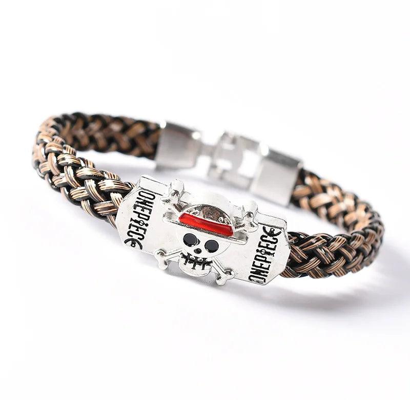 Anime One Piece Leather Bracelet Luffy Straw Hat Punk Black PU Woven Bracelet Cosplay Props Jewelry Collection Birthday Gift - NTKSTORE