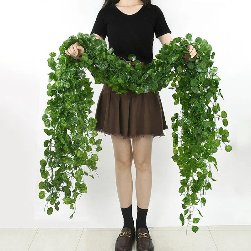 2.1M Artificial Plant Green Ivy Leaf Garland Silk Wall Hanging Vine Home Garden Decoration Wedding Party DIY Fake Wreath Leaves - NTKSTORE