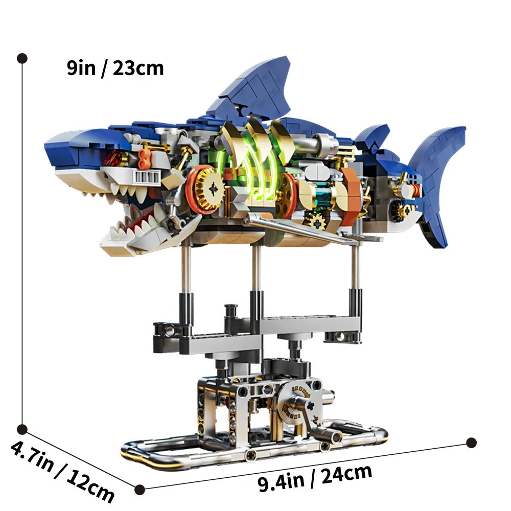 Mechanical Shark Building Set, Shark Sea Life Building Blocks Set with Display Stand and Lights, Block Gift for Kids and Adults