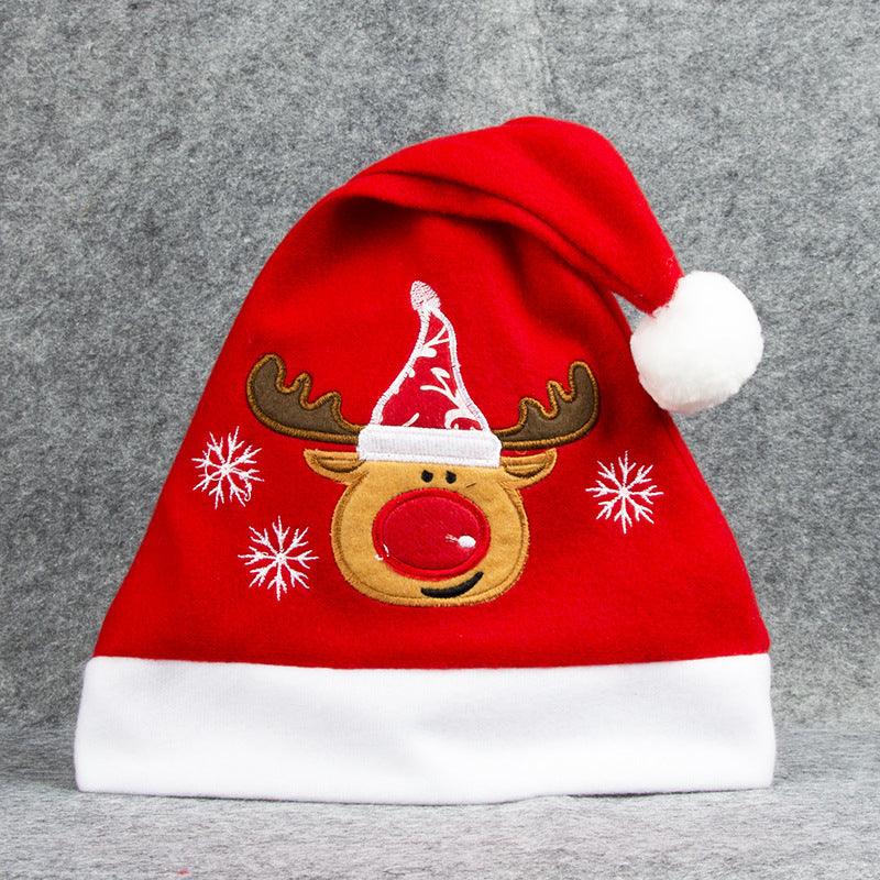 Cartoon Christmas Hat With Elk Santa Claus Embroidery Design Holiday Party Decoration Fuzzy Hat - NTKSTORE