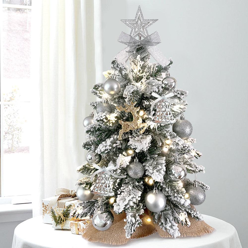 2ft Mini Christmas Tree With Light Artificial Small Tabletop Christmas Decoration With Flocked Snow, Exquisite Decor & Xmas Ornaments For Table Top For Home & Office - NTKSTORE