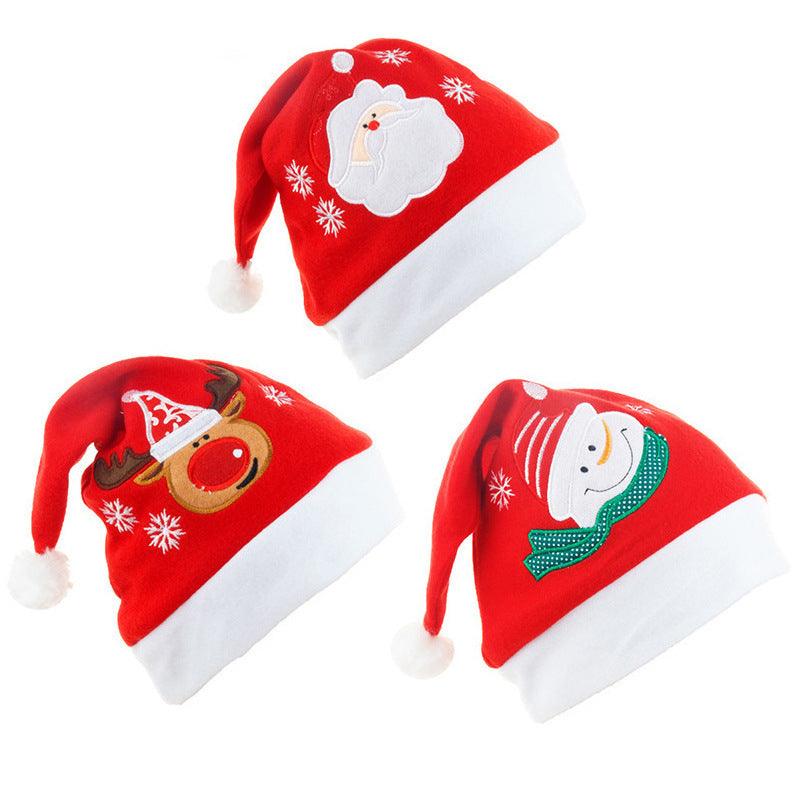 Cartoon Christmas Hat With Elk Santa Claus Embroidery Design Holiday Party Decoration Fuzzy Hat - NTKSTORE