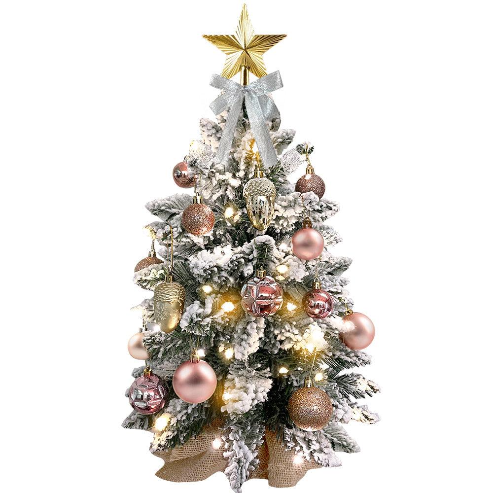 2ft Mini Christmas Tree With Light Artificial Small Tabletop Christmas Decoration With Flocked Snow, Exquisite Decor & Xmas Ornaments For Table Top For Home & Office, Rose Gold - NTKSTORE