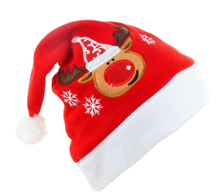 Cartoon Christmas Hat With Elk Santa Claus Embroidery Design Holiday Party Decoration Fuzzy Hat - NTKSTORE