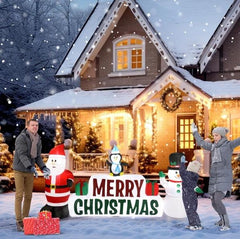 Inflatable Santa Claus And Snowman Holding Merry Christmas Sign - NTKSTORE