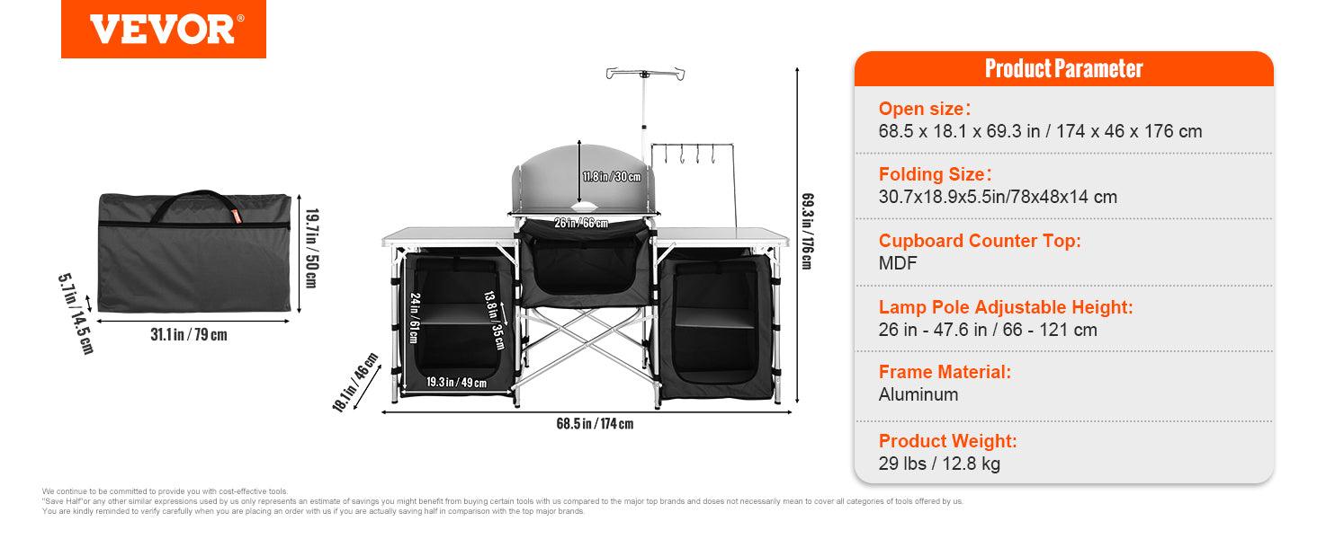 VEVOR Camping Outdoor Kitchen Table Cabinet Foldable Folding Cooking Storage Rack X-Shaped Aluminum Alloy Bracket for BBQ Picnic - NTKSTORE