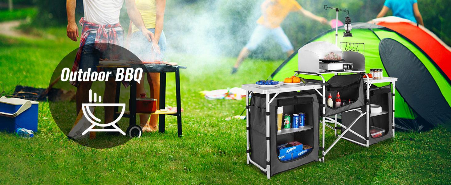 VEVOR Camping Outdoor Kitchen Table Cabinet Foldable Folding Cooking Storage Rack X-Shaped Aluminum Alloy Bracket for BBQ Picnic - NTKSTORE